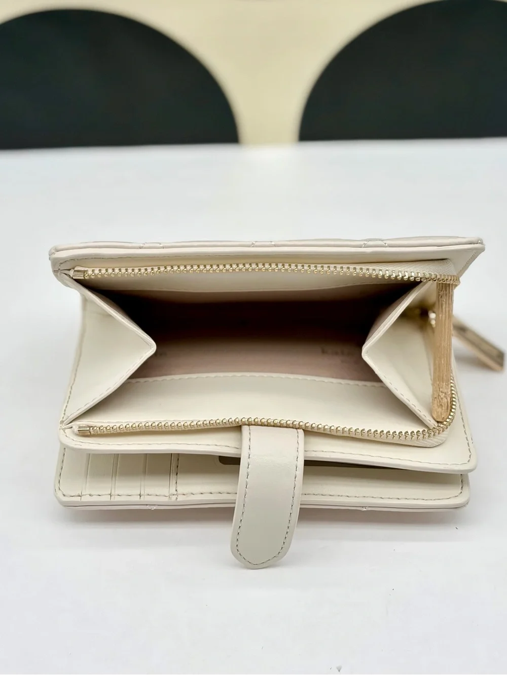 kate spade Cream Quilted Leather Compact Wallet with Gold Logo